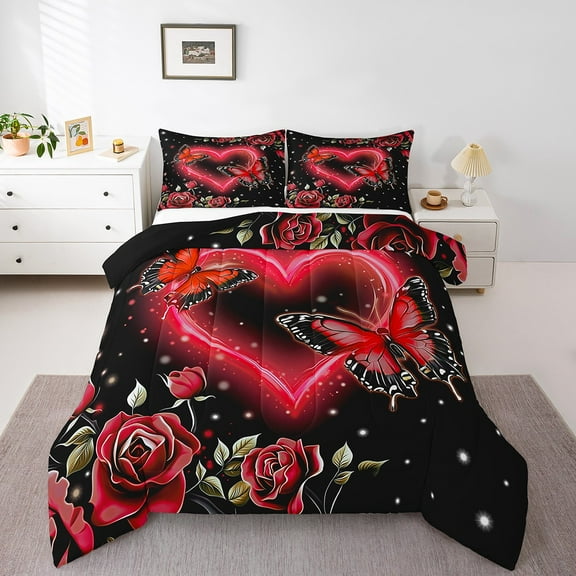 Erosebridal Red Rose Comforter Set,Full Floral Butterfly Bedding Set,Romantic Flower Down Comforter,Neon Love Heart Reversible Bed Set with 2 Pillowcases Lightweight