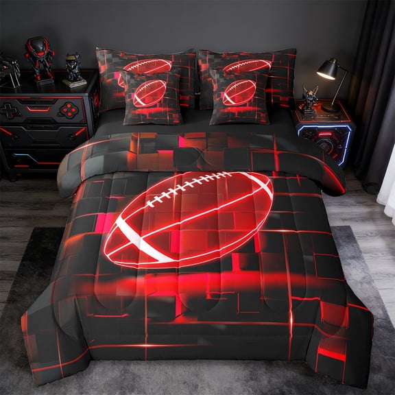 Erosebridal Red Rubgy Bed in a Bag Twin Size,Modern Geometric Grid Bed Set,Glowing Neon Light Bedding Twin Size For Teens,Breathable Room Decor Reversible,7 Pieces