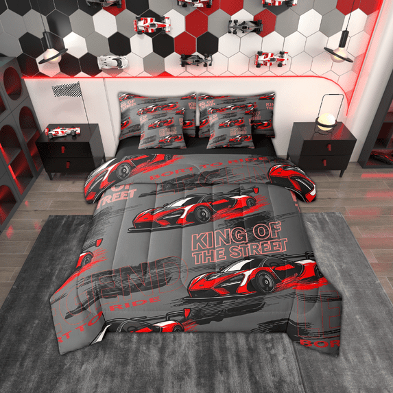 Erosebridal Red Sport Car Bedding Sets Twin Size,Racing Car Comforter Sets with Sheets,Extreme Sports Bed in a Bag Twin size,Ultra Soft Car Theme Room Decor,Reversible,7-Piece