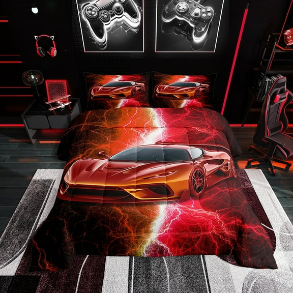 Erosebridal Red Sports Car Bedding Sets Twin with Comforter, Lightning Print Duvet Insert, Reversible, 2 Pieces