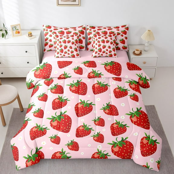 Erosebridal Red Strawberry Bedding Queen Size,Cartoon Fruit Comforter Sets with Sheets,White Flower Bedding Sets Queen Size,Super Cozy Kawaii Room Decoration,Reversible,7 Pieces