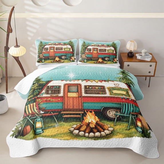 Erosebridal Red Teal Camp Life RV Car Quilt Full, Campfire Pine Tree Full Bedspread Sets for Men and Women, 3 Pieces