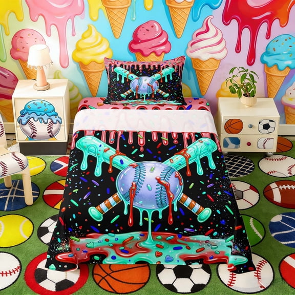 Erosebridal Red Teal Drippy Baseball Bat Print Twin Sheet Sets, Vibrant Sports Bedding for Kids Boys and Girls, 1 Flat Sheet, 1 Fitted Sheet and 1 Pillowcase