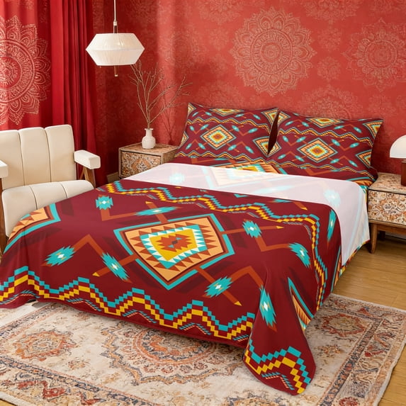 Erosebridal Red Teal Orange Aztec Queen Sheet Sets, Hippie Bohemian Geometric Bed Set, 4-Piece 1 Flat Sheet, 1 Fitted Sheet and 2 Pillowcases