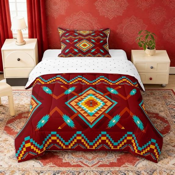 Erosebridal Red Teal Orange Aztec Twin Comforter Sets, Hippie Bohemian Geometric Bedding Set, Reversible 2pcs, 1 Comforter and 1 Pillowcase