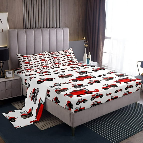 Erosebridal Red Tractor Bed Sheets Queen Size Heavy Equipment Truck Sheet Set Teens Harvester Tractor Bedding Set Construction Excavator Farm Equipment Fitted Sheet