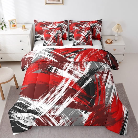 Erosebridal Red White Ombre Bedding Sets Twin Size,Geometric Geometry Stripes Comforter Sets with Sheets,Abstract Aesthetic Art Bed in a Bag Twin Size,Super Cozy Bedroom Decoration Reversible,7-Piece