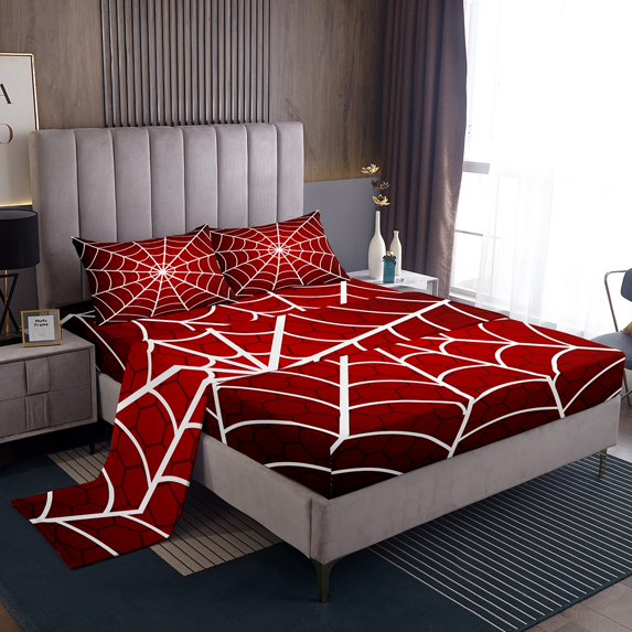Erosebridal Red White Spider Web Bed Sheets Set Queen Size, Happy Halloween Bedding Sets Queen Size 4pcs