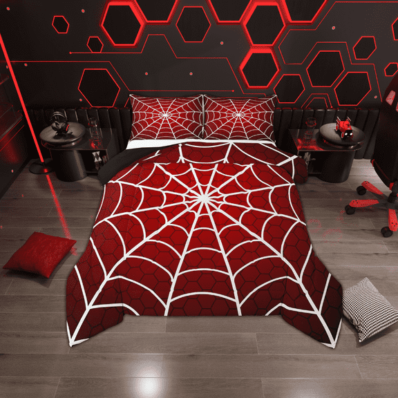 Erosebridal Red White Spider Web Comforter Sets Twin Size, Happy Halloween Comforters & Duvets, Reversible 2pcs