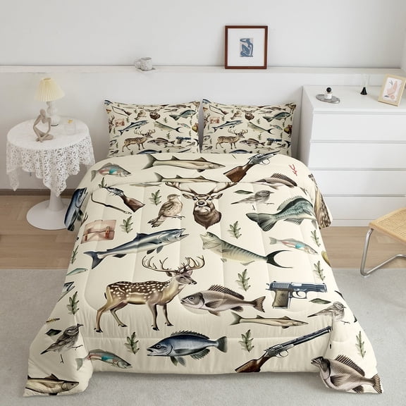 Erosebridal Reindeer Elk Bedding Sets Twin with Comforter, Hunting Fish Duvet Insert, Rustic Animal Decor, Reversible 2pcs