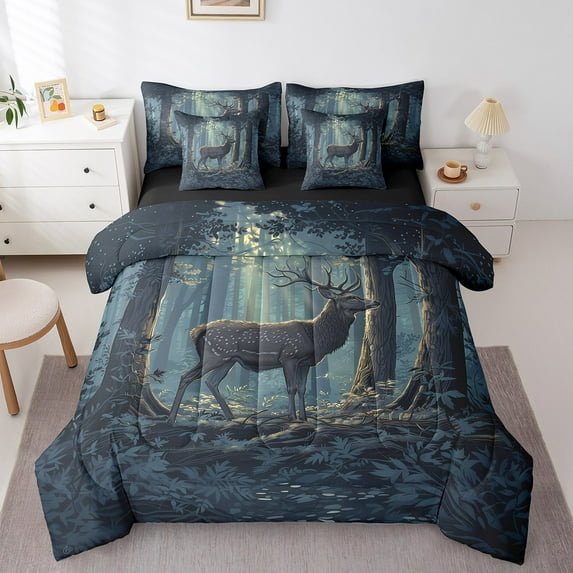 Erosebridal Reindeer Elk Bedding Twin Size, Rustic Wildlife Bedding Sets Twin Size, Jungle Animal Reversible Comforter Sets with Sheets, Microfiber Room Decoration, 7-Piece