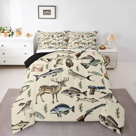 Erosebridal Reindeer Elk Comforter Sets Full Size, Hunting Fish Comforters & Duvets, Rustic Animal Decor, Reversible 3pcs