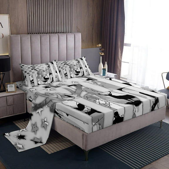 Erosebridal Reindeer Elk Print Twin Sheet Sets, Camouflage Bedding Twin Size, American Flag Decor 3pcs