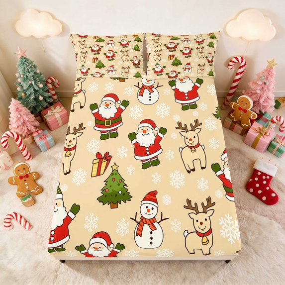 Manfei Reindeer Fitted Sheet Full Christmas Bed Set, Navy Gold 3-Piece 1 Fitted Sheet and 2 Pillowcases