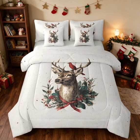 Manfei Reindeer Queen Bedding 7 Pieces Christmas Bedding Comforter Set Queen, Lilac White, Gray Reversible