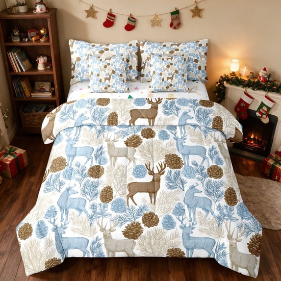 Manfei Reindeer Queen Bedding 7 Pieces Christmas Bedding Comforter Set Queen, Navy Silver, Xmas Reversible