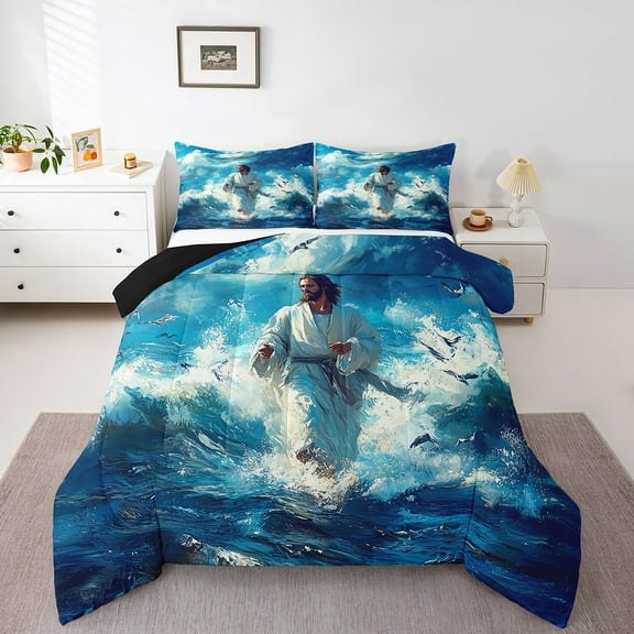 Erosebridal Religious Jesus Comforter Sets Queen Size,Blue White Bedding Queen Comforter Set,Teenager Bedroom Decor,Reversible,Breathable,3 Pieces