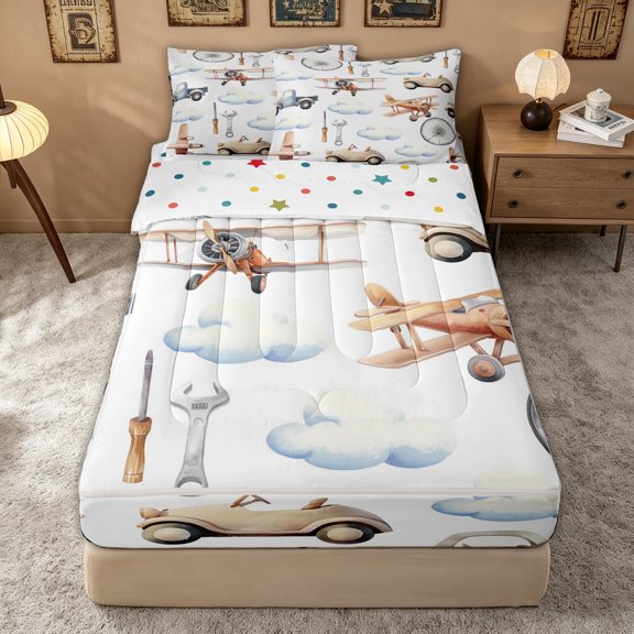 Erosebridal Retro Airplane Car Tool Zipper Queen Comforter Set with Fitted Sheet and 2 Pillowcases for Boys Girls, Cartoon Steam Engine Zipper Bedding Set, Polkadot Reversible, 4pcs