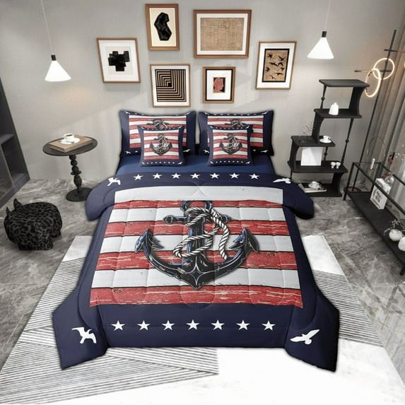 Erosebridal Retro Anchor Bed in a Bag Twin Size, Red Grey Stripe Bed Set, Nautical Old Barn Door Bedroom Decorative, Reversible 7 Pieces