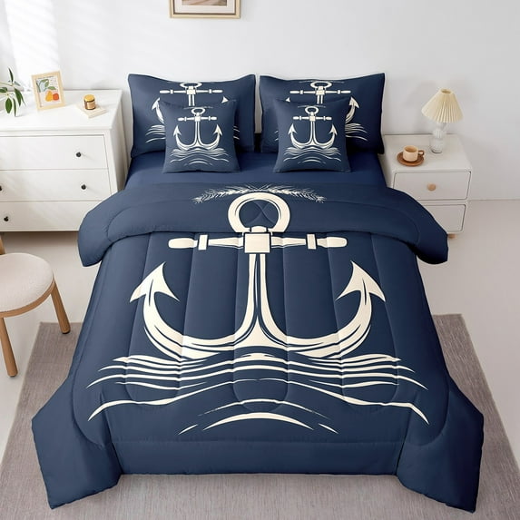 Erosebridal Retro Anchor Bedding Full Size, Coastal Ocean Bedding Sets Full Size, Nautical Theme Decor