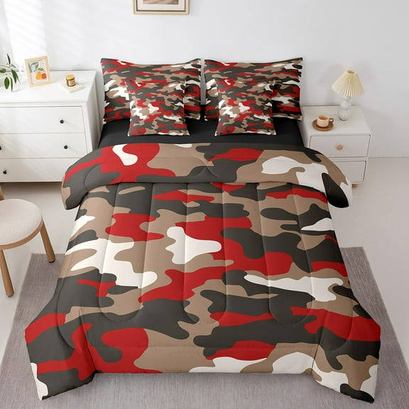 Erosebridal Retro Army Camo Bedding Full Size,Fashion Modern Camouflage Comforter Sets with Sheets,Red Brown Black Bedding Sets Full Size For Teens,Microfiber Gray Room Decor Reversible,7 Pieces