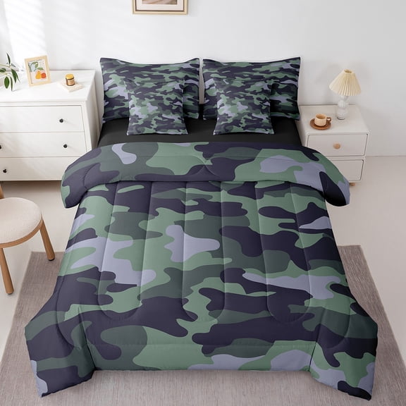 Erosebridal Retro Army Camo Bedding Full Size,Patriotic Camouflage Comforter Sets with Sheets,Green Black Bedding Sets Full Size For Teens,Microfiber Gray Room Decor Reversible,7 Pieces
