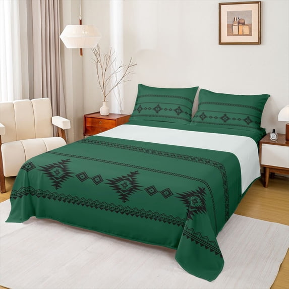 Erosebridal Retro Aztec Pattern Queen Sheet Sets,Vintage Minimalist Style Bed Set For Teens,Green Black 4pcs