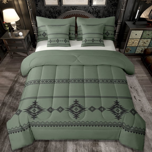 Erosebridal Retro Aztec Print 7 Pieces Bedding Comforter Set,Vintage Southwestern Bohemian Full Bedding Set,Green Black,Reversible