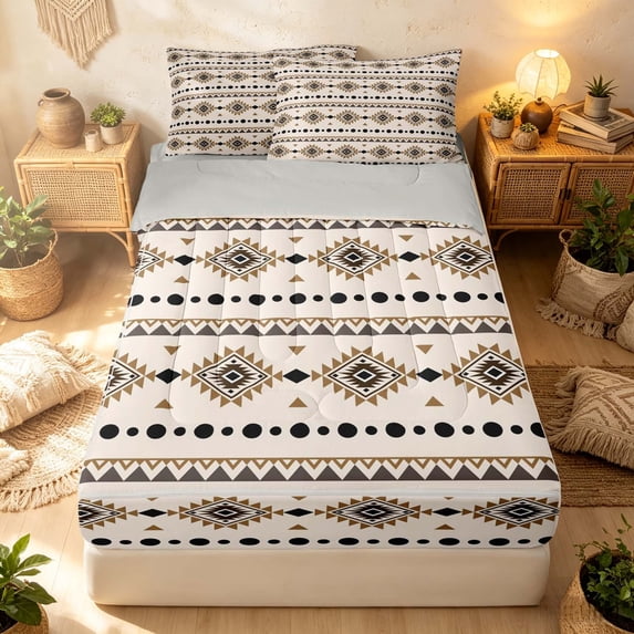 Erosebridal Retro Aztec Zipper Full Size Comforter Sets with Fitted Sheet and 2 Pillowcases, Bohemian Geometric Zipper Bedding Set, Cream Brown Black, Gray Reversible
