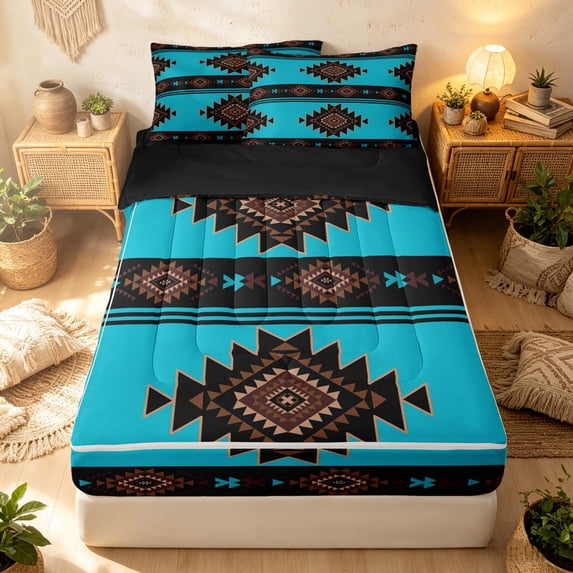 Erosebridal Retro Aztec Zipper Twin Comforter Sets with Fitted Sheet and 2 Pillowcases, Bohemian Stripe Zipper Bedding Set, Turquoise Brown Black, Black Reversible