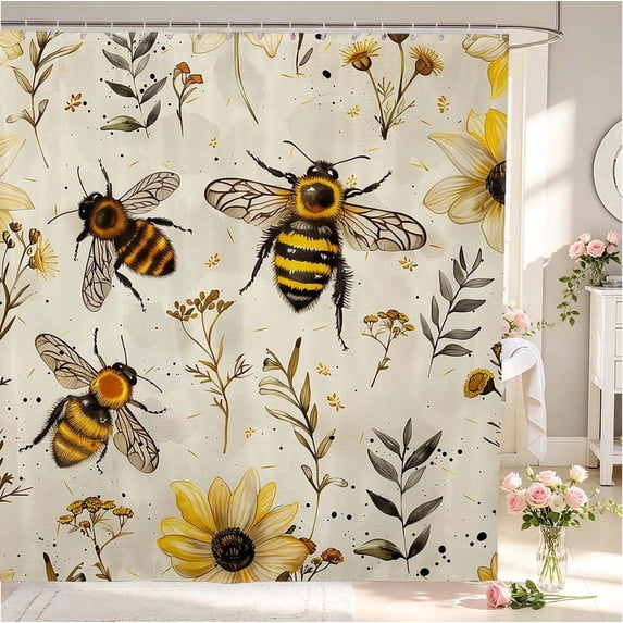 Erosebridal Retro Bee Shower Curtain 72Wx78L,Boho Sunflower Floral Bath Curtain,Cream Yellow