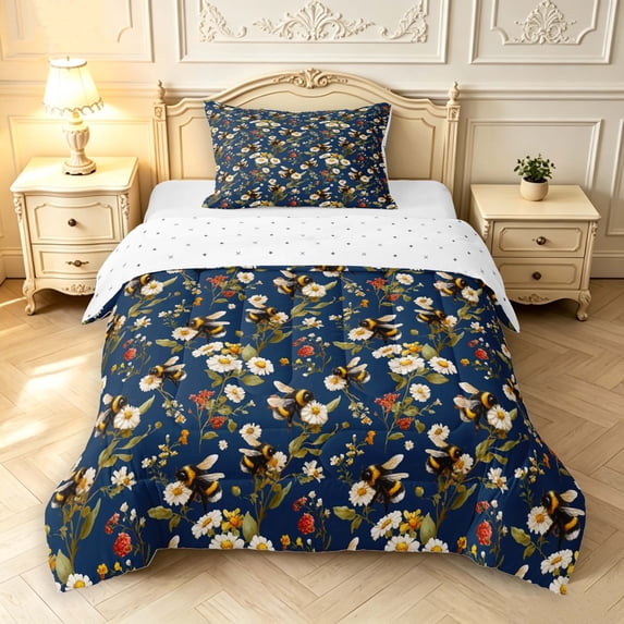 Erosebridal Retro Bee Twin Comforter Sets,Bohemian Flower Bedding Set,Navy White,Reversible,2pcs,1 Comforter and 1 Pillowcase