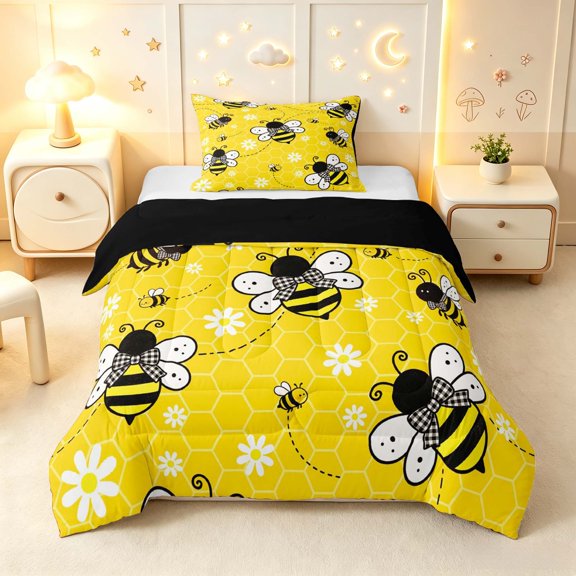 Erosebridal Retro Bee Twin Comforter Sets,Cartoon Sunflower Floral Bedding Set,Yellow Gold,Black Reversible,2pcs,1 Comforter and 1 Pillowcase