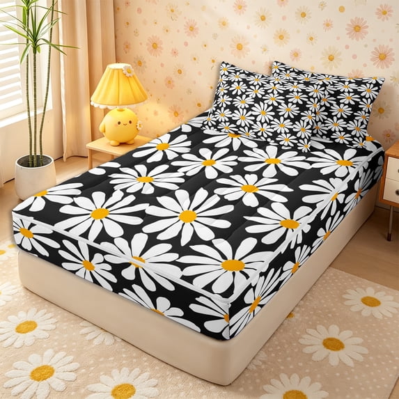 Erosebridal Retro Black Daisy Print Zipper Twin Comforter Sets with Fitted Sheet and 2 Pillowcases,Bold White Bloom Zipper Bedding Set,Black White,4-Piece,Black Reversible