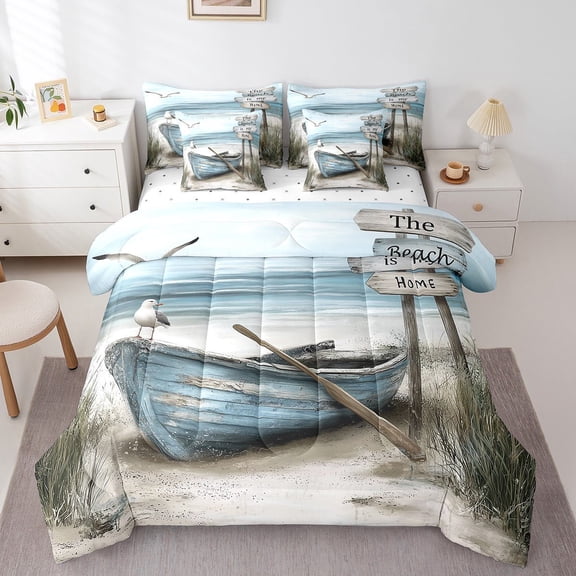 Erosebridal Retro Boat Pattern Bedding Sets King Size, Rustic Farmhouse Lake House Lodge Cabin Comforter Sets with Sheets, Breathable 7 Pieces