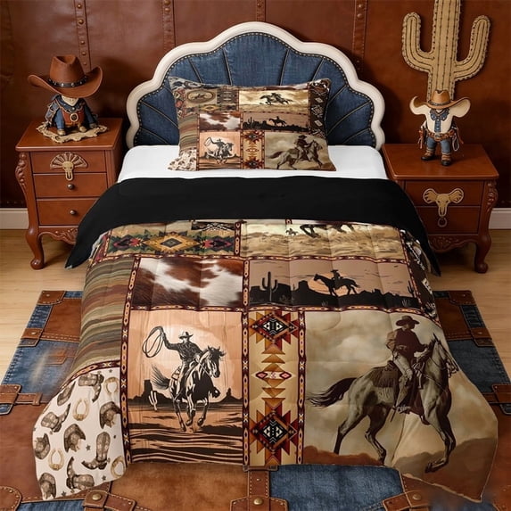 Erosebridal Retro Bohemian Aztec Geometric Twin Comforter Sets,Western Cowboy Rustic Cowhide Bedding Set For Men,Reversible Black,2 Pieces