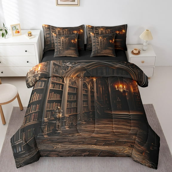 Erosebridal Retro Books Bedding Twin Size, Magical Palace Bedding Sets Twin Size, Bookshelf Print Decor, Reversible 7pcs