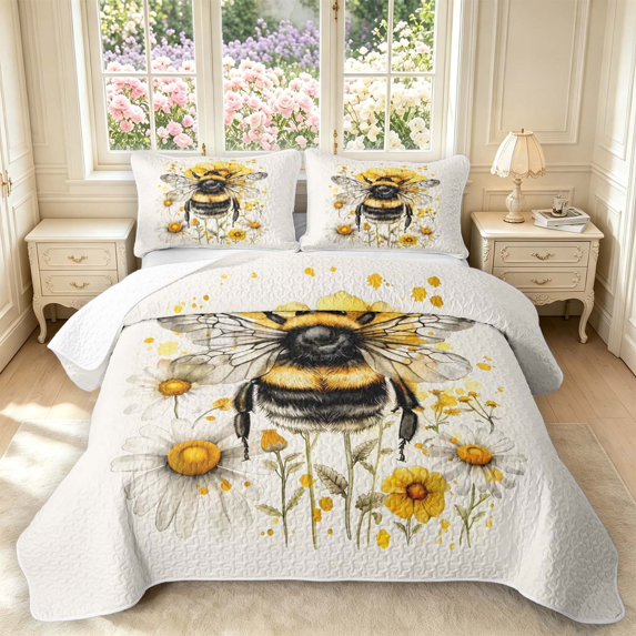 Erosebridal Retro Bug Bee Twin Quilt Set,Cartoon Flowers Twin Coverlet Set,Cream Black,2pcs,1 Bedspread and 1 Pillowcase