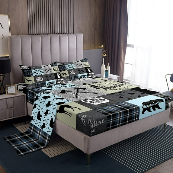 Erosebridal Retro Cabin Decor Bed Sheets Set King, Deer Bear Elk Sheets Vintage Rustic Farmhouse Sheet Set Western Cowboy Wildlife Patchwork Top Sheet 4 Pieces With 2 Pillow Cases, Grey Black