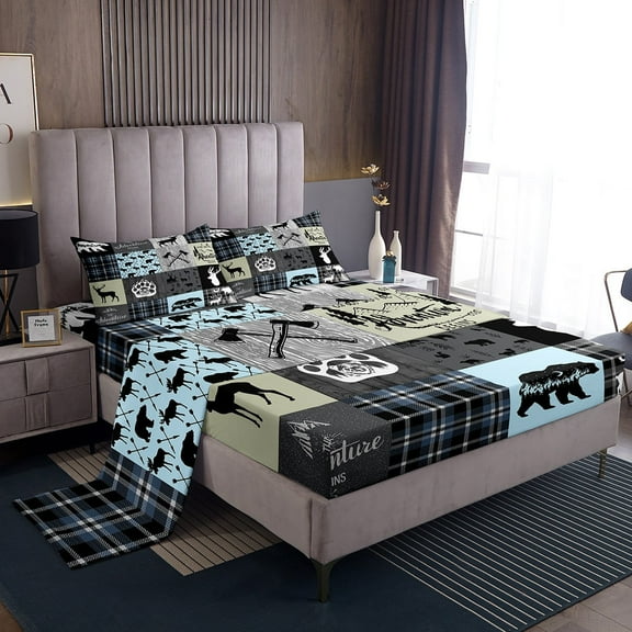 Erosebridal Retro Cabin Decor Bed Sheets Set King, Deer Bear Elk Sheets Vintage Rustic Farmhouse Sheet Set Western Cowboy Wildlife Patchwork Top Sheet 4 Pieces With 2 Pillow Cases, Grey Black