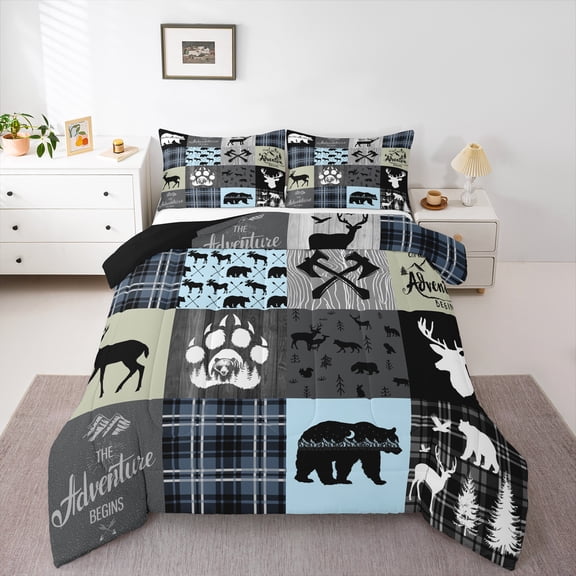 Erosebridal Retro Cabin Decor Comforter Set Full, Deer Bear Elk Quilt Vintage Rustic Farmhouse Bedding Set Western Cowboy Wildlife Patchwork Duvet Insert 3 Pieces With 2 Pillow Cases, Grey Black
