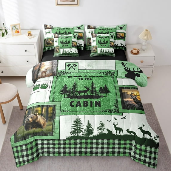 Erosebridal Retro Cabin Farmhouse Bedding Sets Twin Size,Hunting Theme Comforter Sets with Sheets,Green Buffalo Decorative,Reversible,7pcs