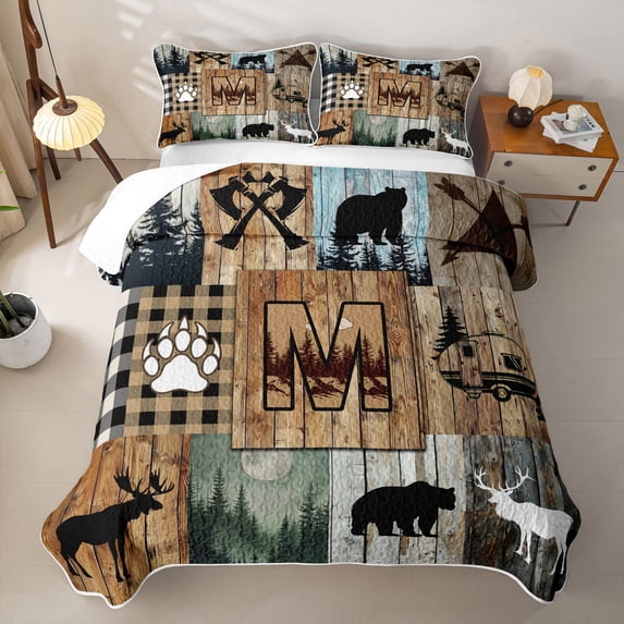 Erosebridal Retro Camper Kids Twin Quilt Set,Happy Camping Initial Letter M Theme Twin Coverlet Set For Boys Men,2 Pieces