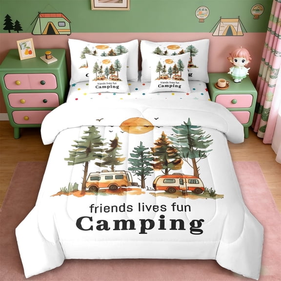 Erosebridal Retro Camper RV Print 7-Piece Twin Bedding Sets,Happy Camping Theme Bedding Comforter Set For Camping Lover,Reversible