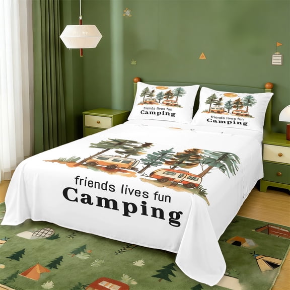 Erosebridal Retro Camper RV Print Bed Sheets,Happy Camping Theme King Sheets For Camping Lover 4 Pieces