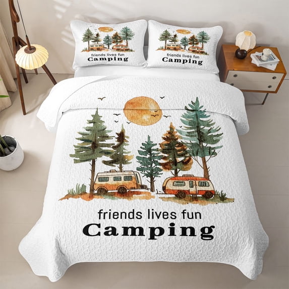 Erosebridal Retro Camper RV Print Quilt King,Happy Camping Theme King Coverlet Set For Camping Lover,3-Piece