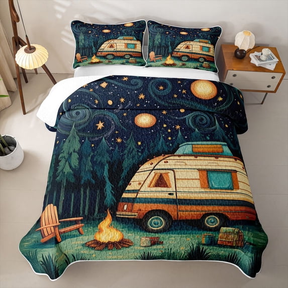 Erosebridal Retro Camping Bed Spread Queen,Night Camper Campfire Queen Coverlet Set For Boys,3-Piece