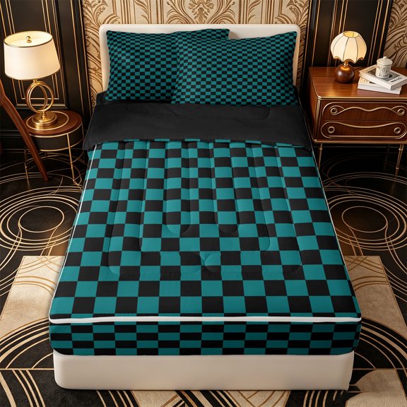 Erosebridal Retro Checkerboard Pattern Zipper Twin Comforter Sets with Fitted Sheet and 2 Pillowcases,Block Grid Print Zipper Bedding Set,Teal Blue Black,Black Reversible