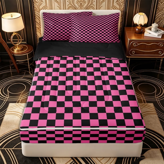 Erosebridal Retro Checkered Pattern Zipper Twin Comforter Sets with Fitted Sheet and 2 Pillowcases,Square Grid Print Zipper Bedding Set,Hot Pink Black,Black Reversible
