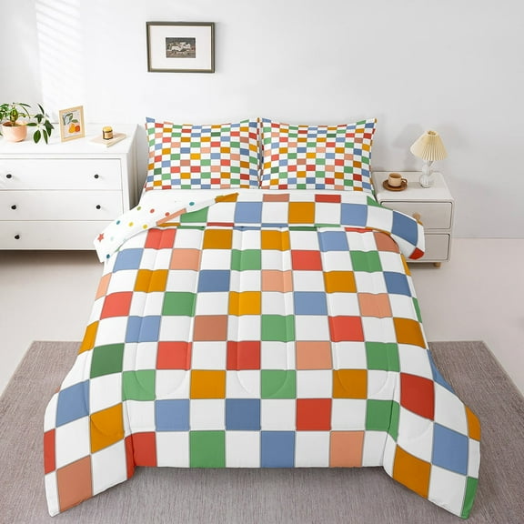 Erosebridal Retro Checkered Quilt Set Vintage 60S 70S Style Funky Geometric Plaid Bedding Set Twin Retro Checkerboard Grid Comforter Set Adults Groovy Aesthetic Bed Set Room Decor
